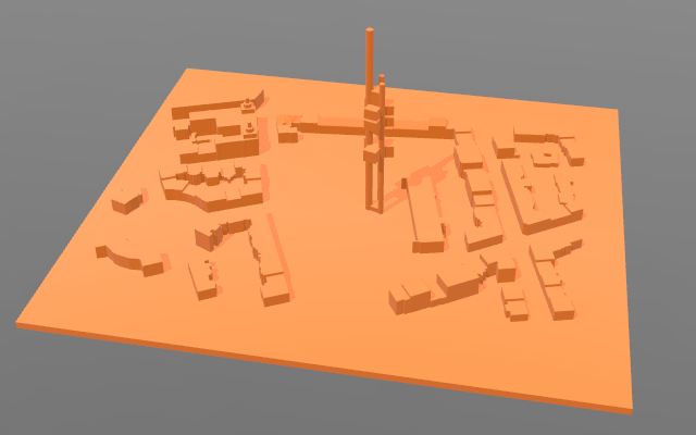Obrázek modelu Žižkovského vysílače, který byl vyhotovený na základě dat získaných z OpenStreetMap