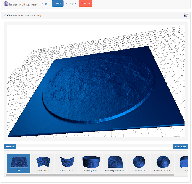 V Image Litophane mohu provést různá nastavení reliéfu. Nakonec si stáhnu soubor ve formátu STL, který sice mohu poslat do 3D tiskárny, ale já tento soubor raději ještě zkontroluji v programu 3D Builder.