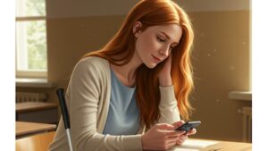 Žena sedí ve školní lavici a dívá se do mobilu. Před ní leží otevřená kniha, o sebe má opřenou bílou hůl. Vytvořeno pomocí AI Gemini)