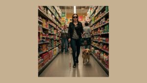 Žena s tmavými brýlemi a bílou holí prochází uličkou v supermarketu. V jedné ruce drží nákupní košík a po její pravé straně jde vodicí pes, zlatý retrívr. Ulička je plná regálů s různými potravinami a produkty. V pozadí jsou vidět další nakupující. Žena má na sobě tmavou bundu a džíny.
